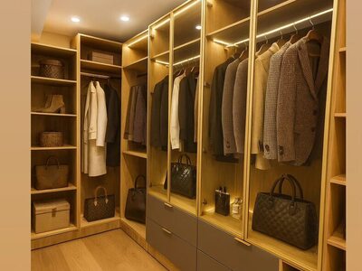 Dressing la comandă tip walk-in din lemn cu iluminare LED caldă, bare pentru haine agățate și sertare